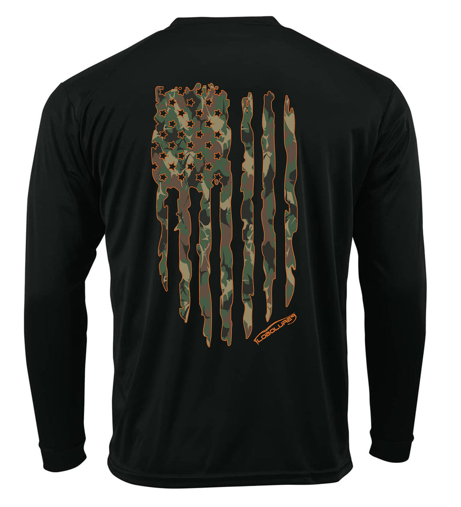 Lobo Lures Pelagic Woodland Camo American Flag Performance UPF50+ Dri-fit T-Shirt, Hunting T-shirt, Fathers Day Gift IDea