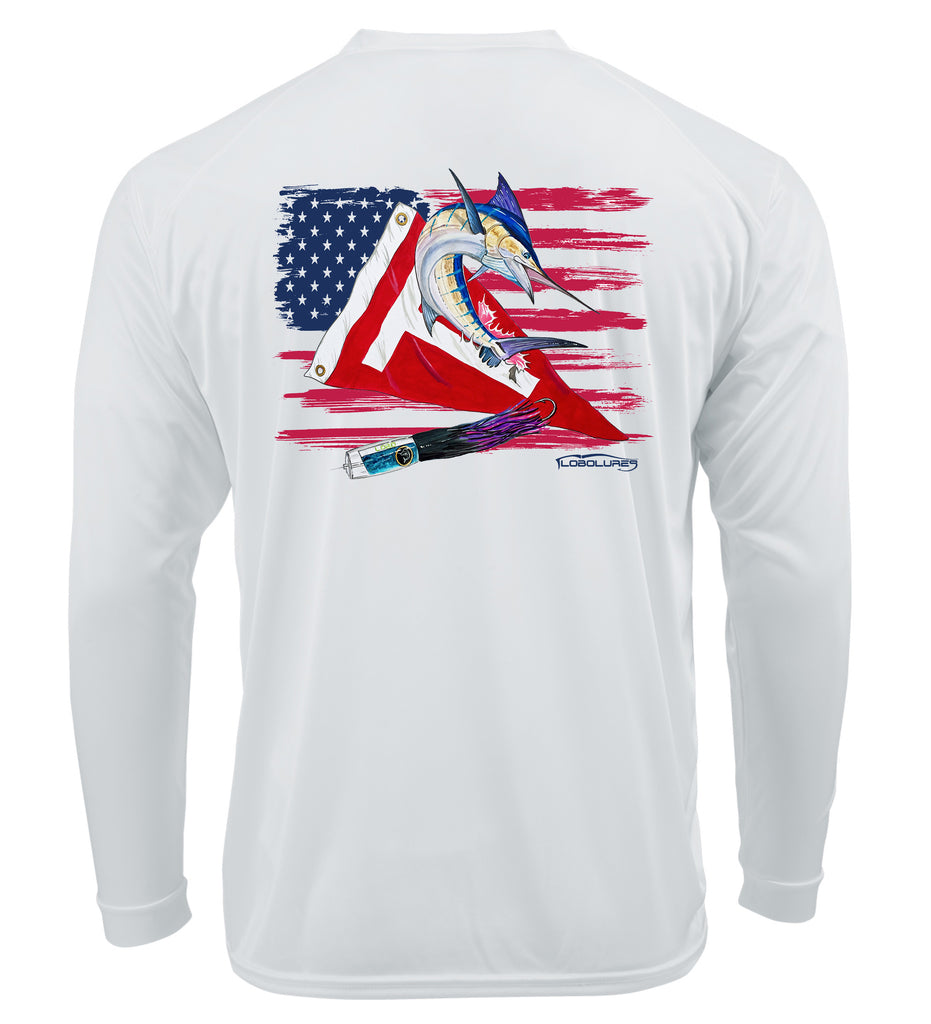 Lobo Lures Tag & Release Flag Edition Long Sleeve Performance UPF 50+ T-Shirt, Lobo Lures T-Shirt, HUK T-Shirt