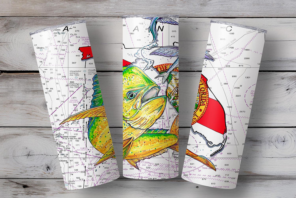 Lobo Lures Florida Mahi Chart Series Super Glow 20 oz. Skinny Tumbler, Fishing gift idea, Mahi Tumbler, Fishing Tumbler, Fishing apparel, Amazon gift ideas, Mark Ray Art, Florida Flag Gift, Florida Fishing