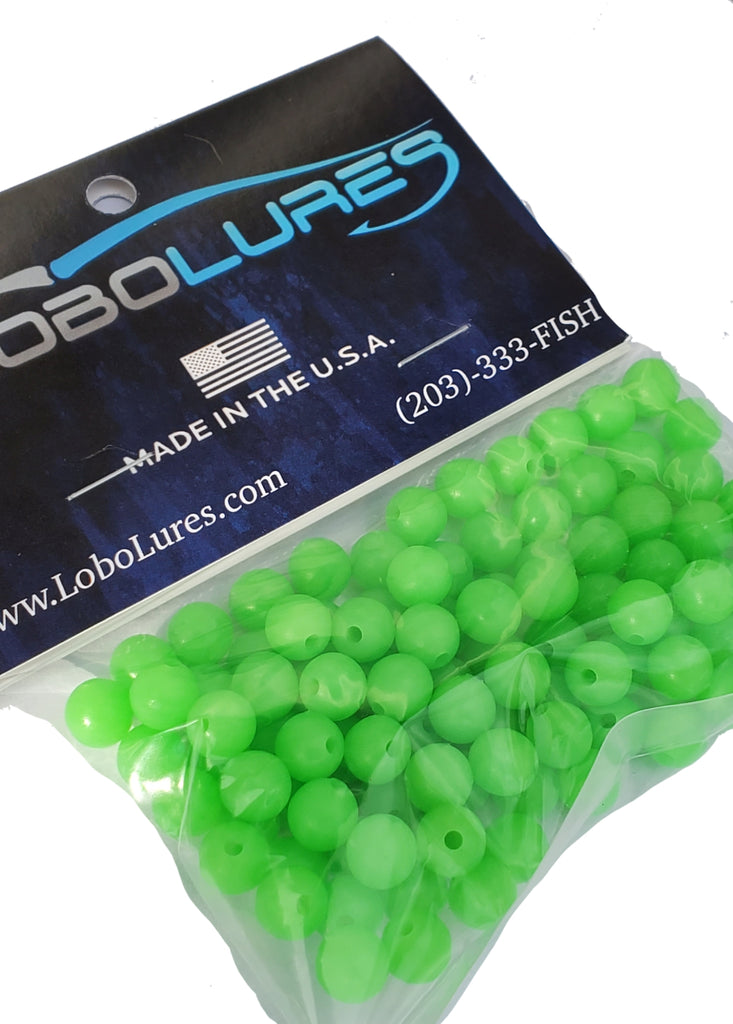 Lobo Lures 8mm Glow Chartreuse Beads up to 400lb Leader, Amazon Glow Beads, Glow Craft Beads, Fishing beads, Fishing Rigging Beads 