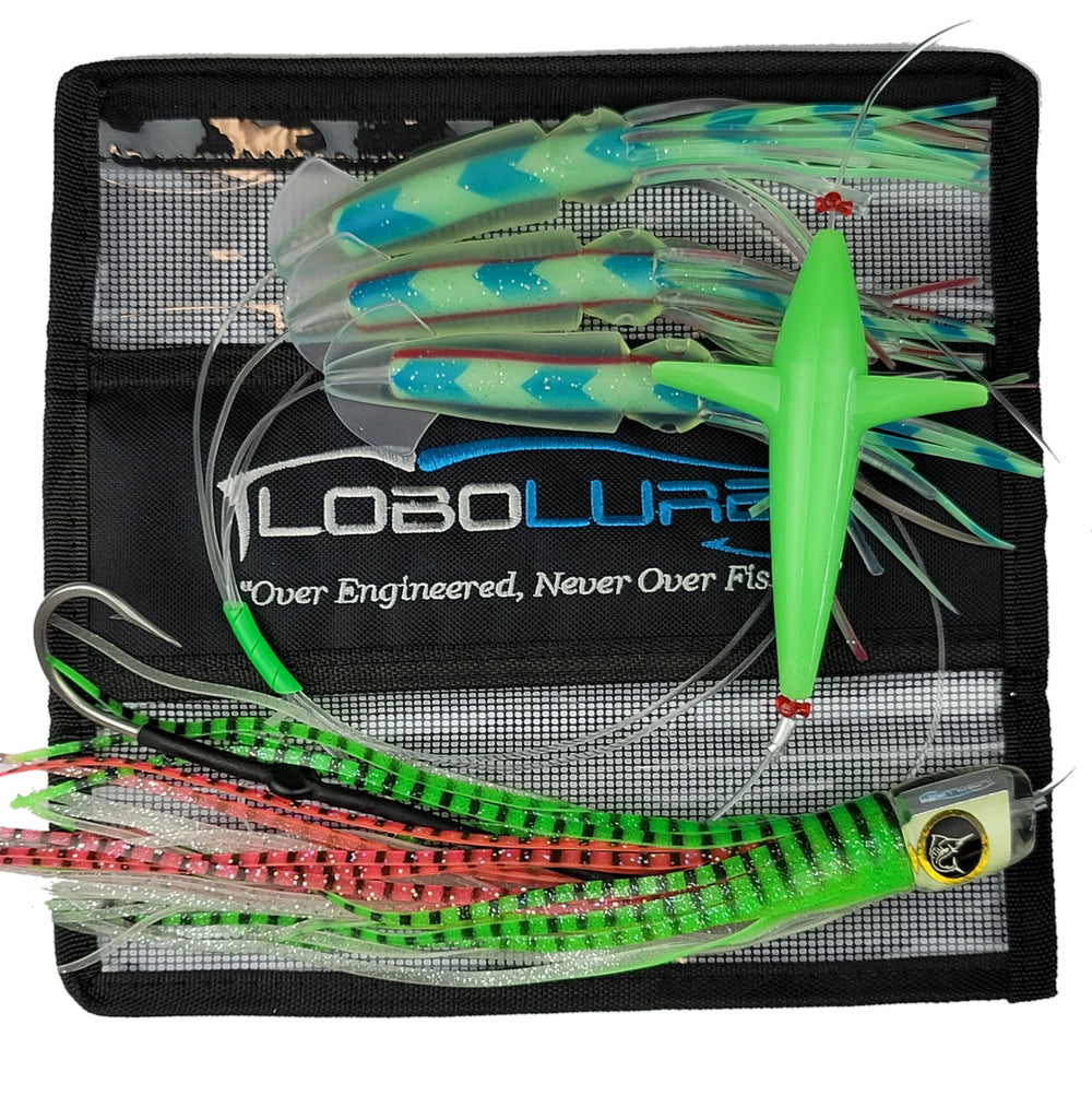 Lobo Lures #225 Pelagic Magic & Squidnation LUMO Super Glow Daisy Chain, Pakula Lures, Pakula Lumo, Pakula Glow, Glow Lures, Tuna Lures, Tuna Lure, Marlin Lure, Bigeye glow Lure