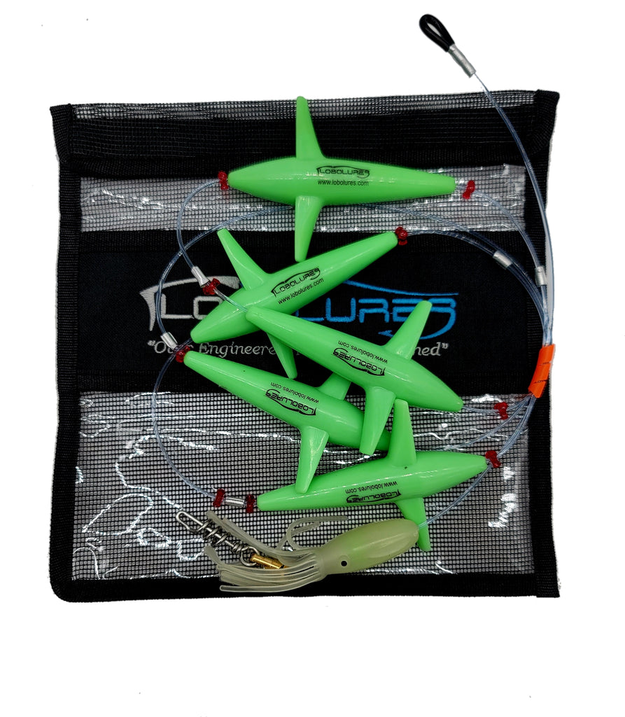 Lobo Lures #401 Super Glow Green Prattling Tuna Teaser Bird Daisy Chain HD Aussie Style Corkscrew 750lb Swivel, Amazon Daisy Chain, Black bart Lure, Bost Lures, Alan Williams Custom Lures, Marlin Lure, Marlin lures
