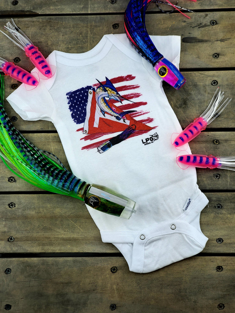 LPG Apparel Co. Tag & Release Patriotic USA Marlin Fishing Onesie® Big Game Fishing Onesie, Fishing Baby, Fishing Body Suit, Lobo Lures Onesie, Mark Ray Onesie, White Marlin Onesie, Blue Marlin Onesie, Tag and Release Fishing, Baby Fishing Apparel