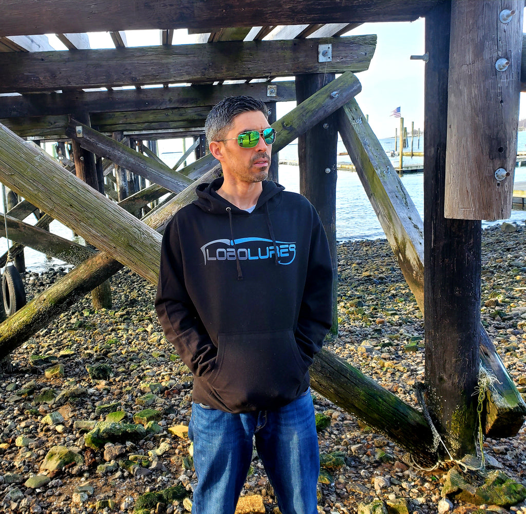 Lobo Lures Signature Logo Big Game Fishing Pullover Mid-weight Hoodie Sweater Fishing apparel, Trolling Lure Hoodie