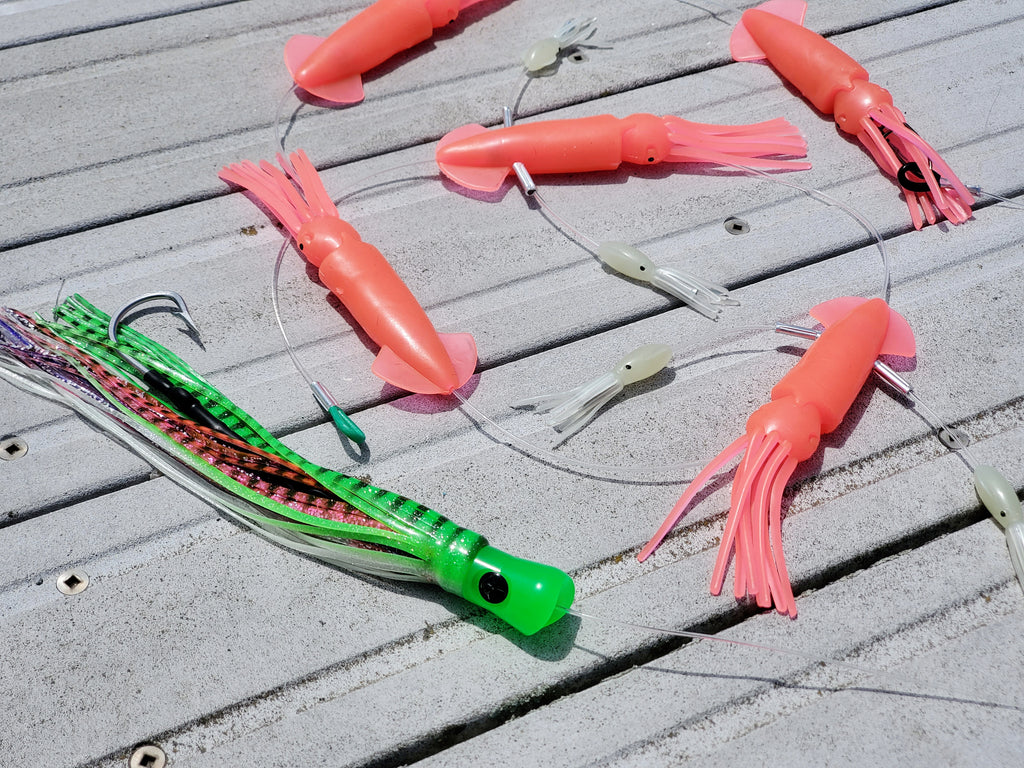Lobo Lures #240 Super Glow Skipjack Hybird Gamefish 7" Flippy Floppy Daisy Chain! Tuna fishing lure, tuna daisy chain, tuna lures, glow lure, glow lures, big game lures