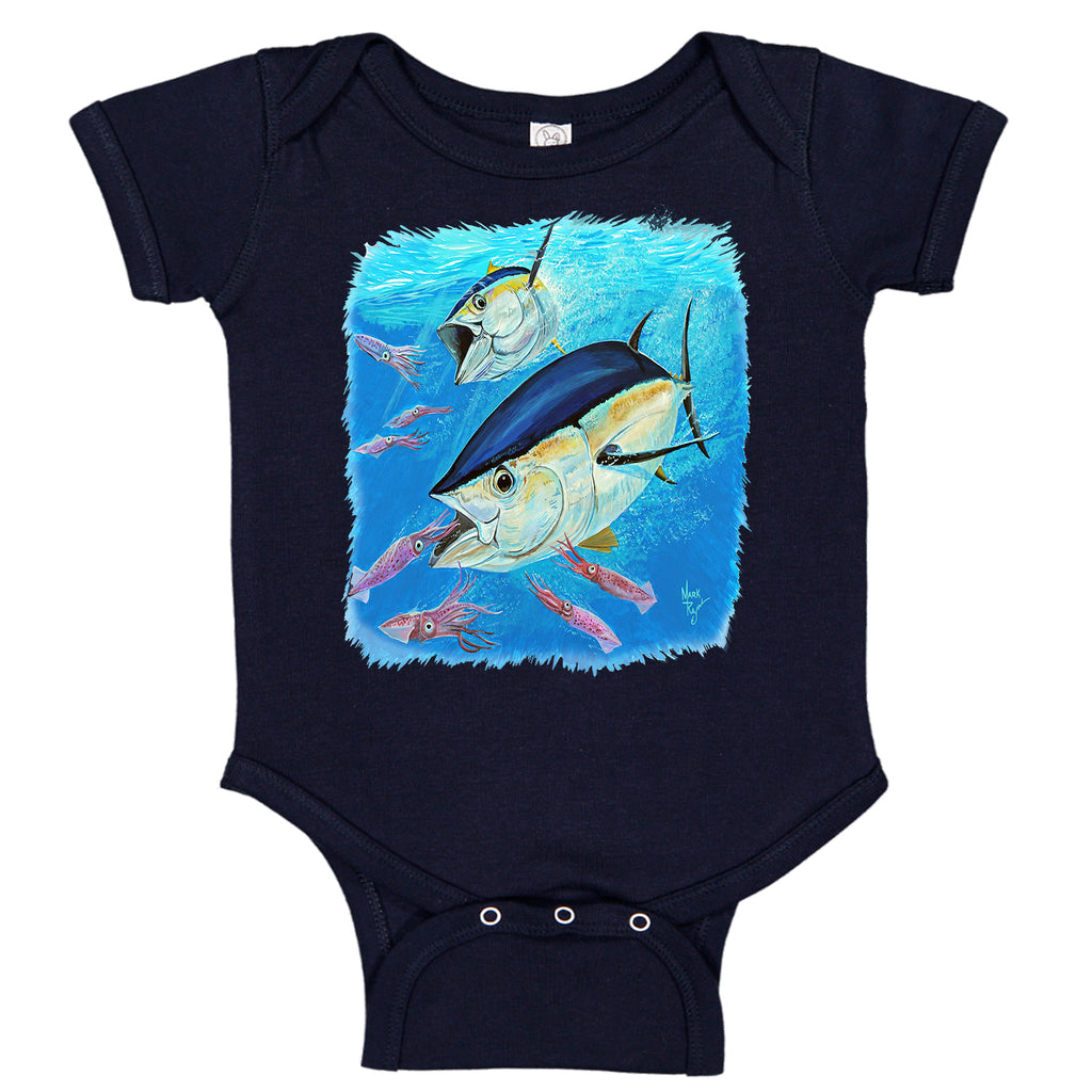 LPG Apparel Co. Mark Ray Yellowfin Tuna Fishing Cotton Baby Bodysuit Bass Fishing Baby Onesie, lobo Lures onesie, Ink Trendz Onesies, Fishing onesies, Montauk Onesies, Coastal Onesies, Fishing Baby Onesies, Baby boys onesie, Baby boys Fishing Onesie