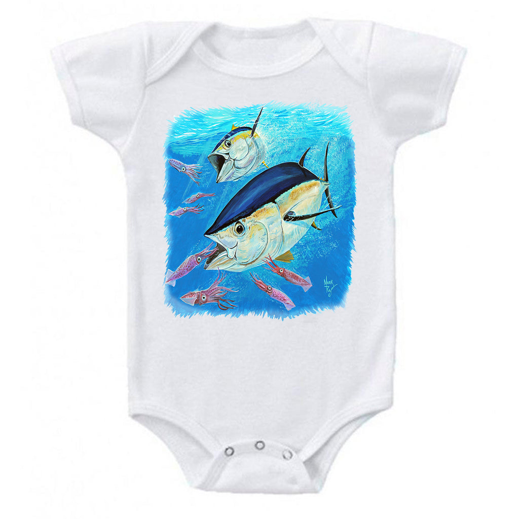 LPG Apparel Co. Mark Ray Tuna Baby One-piece Romper, Fishing Onesie, Tuna Fishing Onesie in White