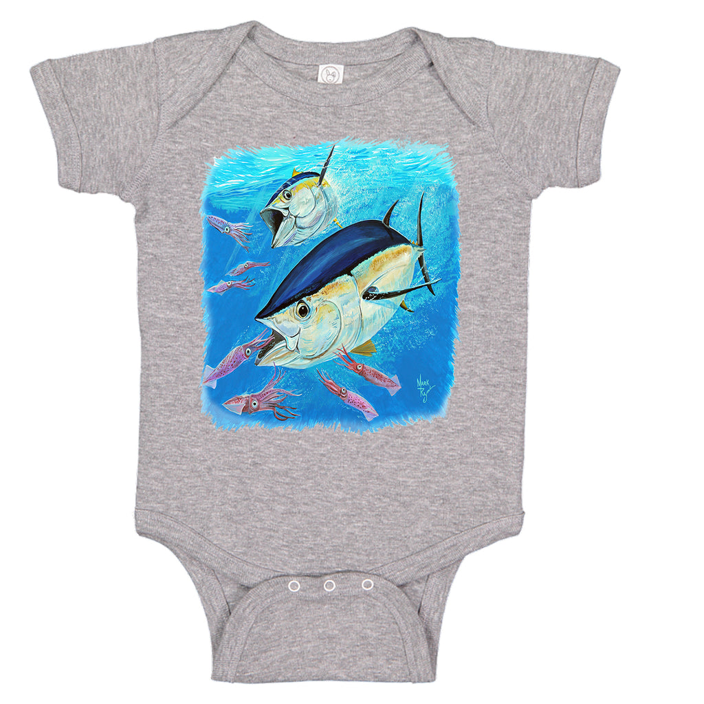 LPG Apparel Co. Mark Ray Yellowfin Tuna Fishing Cotton Baby Bodysuit Bass Fishing Baby Onesie, lobo Lures onesie, Ink Trendz Onesies, Fishing onesies, Montauk Onesies, Coastal Onesies, Fishing Baby Onesies, Baby boys onesie, Baby boys Fishing Onesie