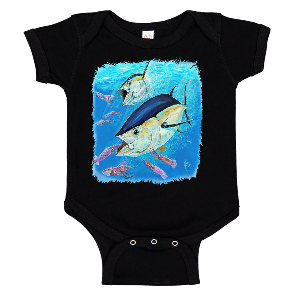 LPG Apparel Co. Mark Ray Yellowfin Tuna Fishing Cotton Baby Bodysuit Bass Fishing Baby Onesie, lobo Lures onesie, Ink Trendz Onesies, Fishing onesies, Montauk Onesies, Coastal Onesies, Fishing Baby Onesies, Baby boys onesie, Baby boys Fishing Onesie