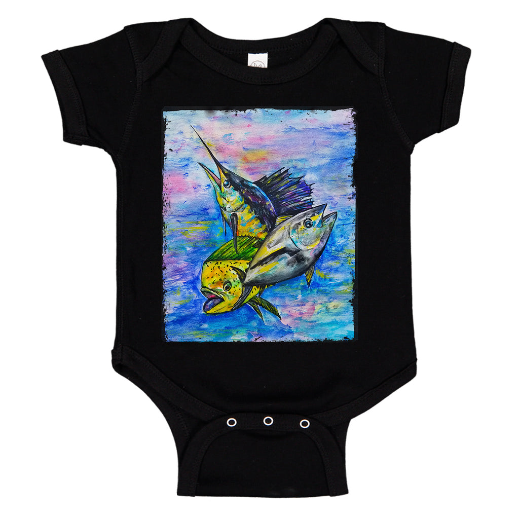 LPG Apparel Co. Mahi Tuna Marlin Mixed Bag Fishing Baby Bodysuit, Lobo Lures Onesie, Lobo Lures Fishing Apparel, Fishing onesie, Baby Fishermen, Baby onesies for fishing, Offshore fishing onesie, sailfish onesie, tuna onesie, mahi-mahi onesie, coastal onesie