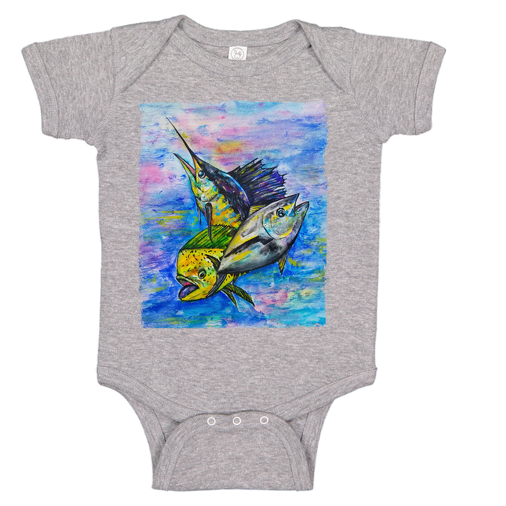 LPG Apparel Co. Mahi Tuna Marlin Mixed Bag Fishing Baby Bodysuit, Lobo Lures Onesie, Lobo Lures Fishing Apparel, Fishing onesie, Baby Fishermen, Baby onesies for fishing, Offshore fishing onesie, sailfish onesie, tuna onesie, mahi-mahi onesie, coastal onesie