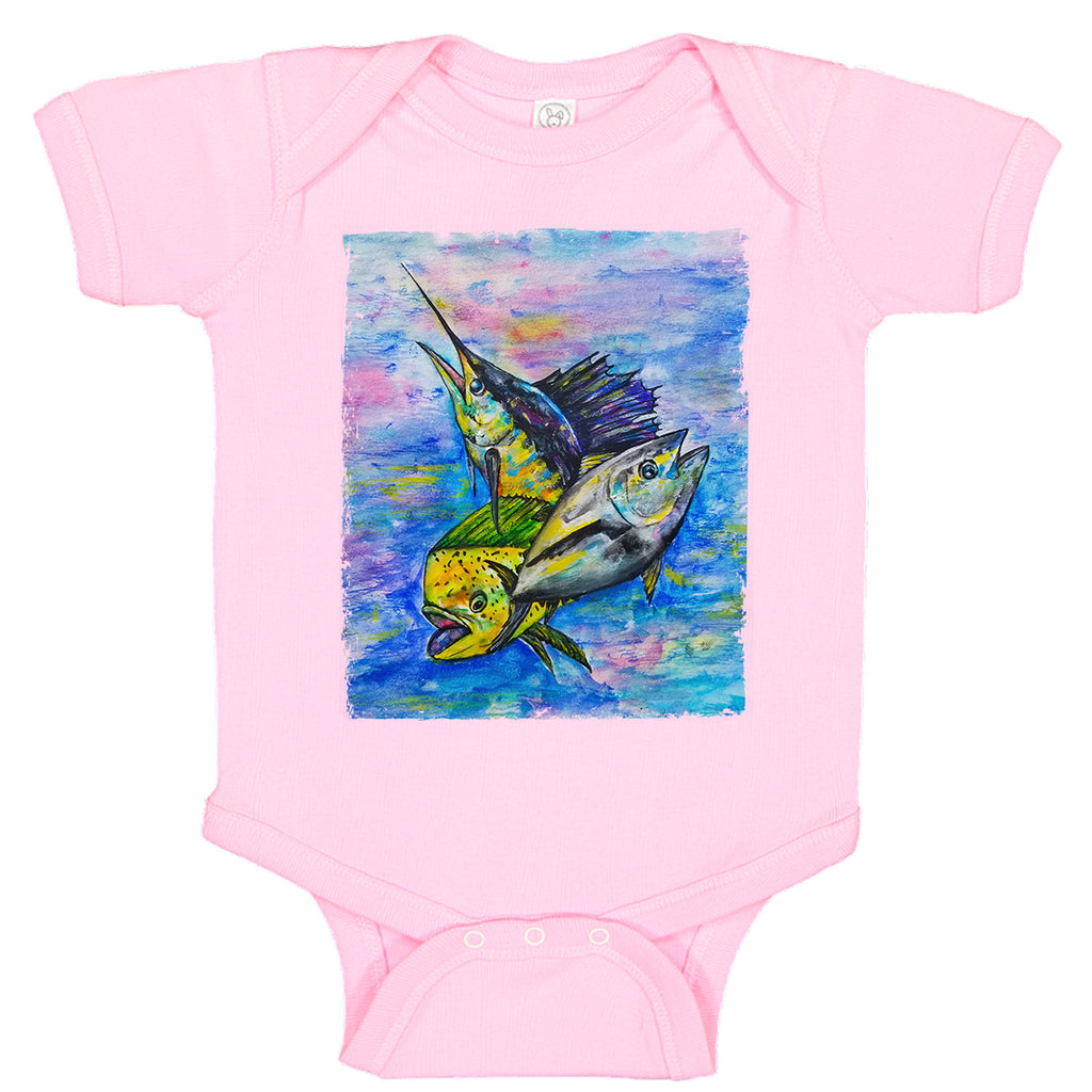LPG Apparel Co. Mahi Tuna Marlin Mixed Bag Fishing Baby Bodysuit, Lobo Lures Onesie, Lobo Lures Fishing Apparel, Fishing onesie, Baby Fishermen, Baby onesies for fishing, Offshore fishing onesie, sailfish onesie, tuna onesie, mahi-mahi onesie, coastal onesie