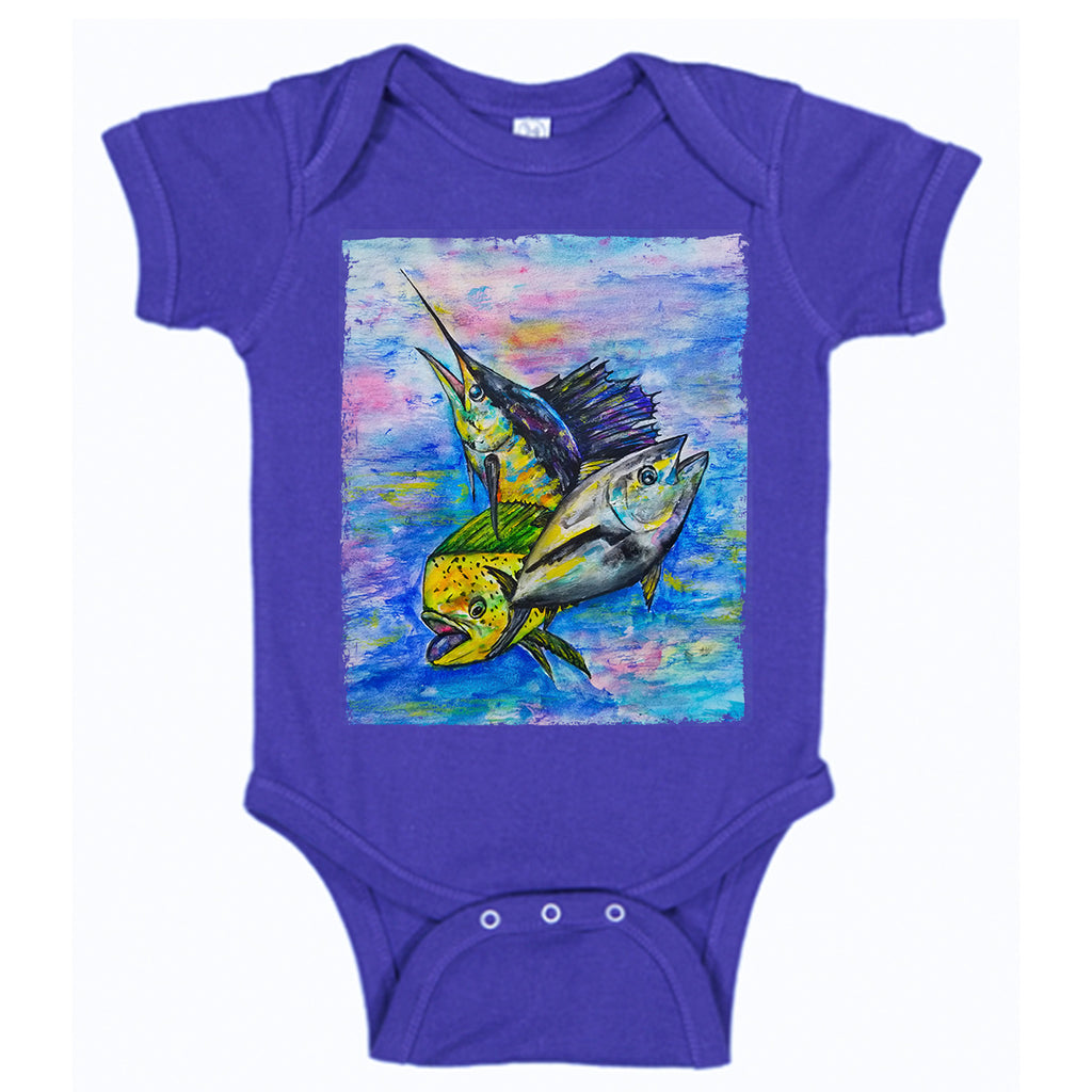 LPG Apparel Co. Mahi Tuna Marlin Mixed Bag Fishing Baby Bodysuit, Lobo Lures Onesie, Lobo Lures Fishing Apparel, Fishing onesie, Baby Fishermen, Baby onesies for fishing, Offshore fishing onesie, sailfish onesie, tuna onesie, mahi-mahi onesie, coastal onesie
