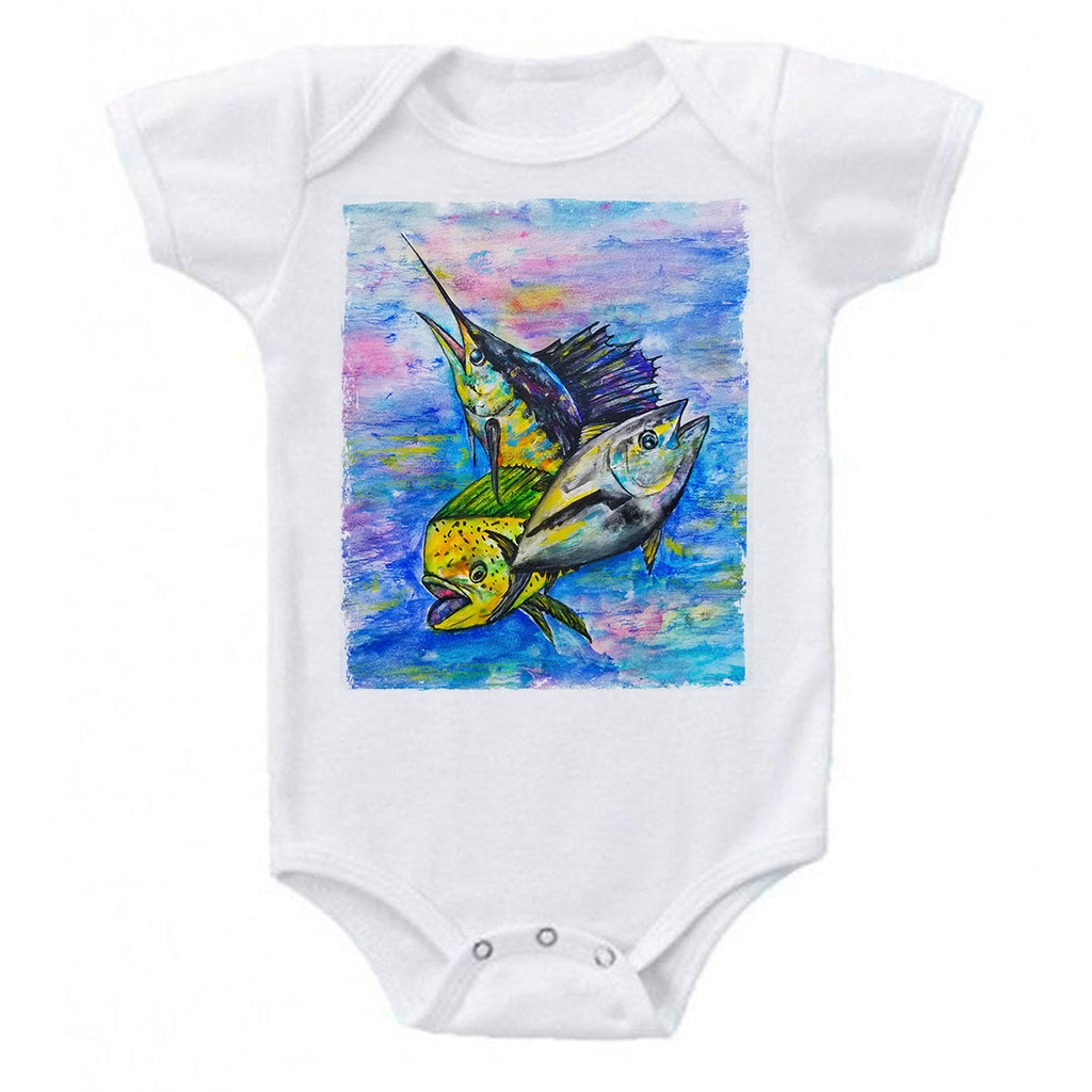 LPG Apparel Co. Mahi Tuna Marlin Mixed Bag Fishing Baby Bodysuit, Lobo Lures Onesie, Lobo Lures Fishing Apparel, Fishing onesie, Baby Fishermen, Baby onesies for fishing, Offshore fishing onesie, sailfish onesie, tuna onesie, mahi-mahi onesie, coastal onesie