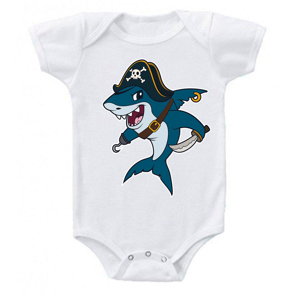 LPG Apparel Co. Pirate Great White Shark Fishing Cotton Baby Bodysuit Bass Fishing Baby Onesie, lobo Lures onesie, Ink Trendz Onesies, Fishing onesies, Montauk Onesies, Coastal Onesies, Fishing Baby Onesies, Baby boys onesie, Baby boys Fishing Onesie, Shark Onesie, Pirate onesie, Baby Shark