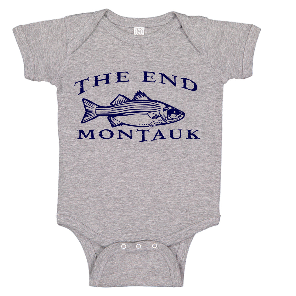 LPG Apparel Co. THE END MONTAUK Bass Fishing Cotton Baby Bodysuit Bass Fishing Baby Onesie, lobo Lures onesie, Ink Trendz Onesies, Fishing onesies, Montauk Onesies, Coastal Onesies, Fishing Baby Onesies