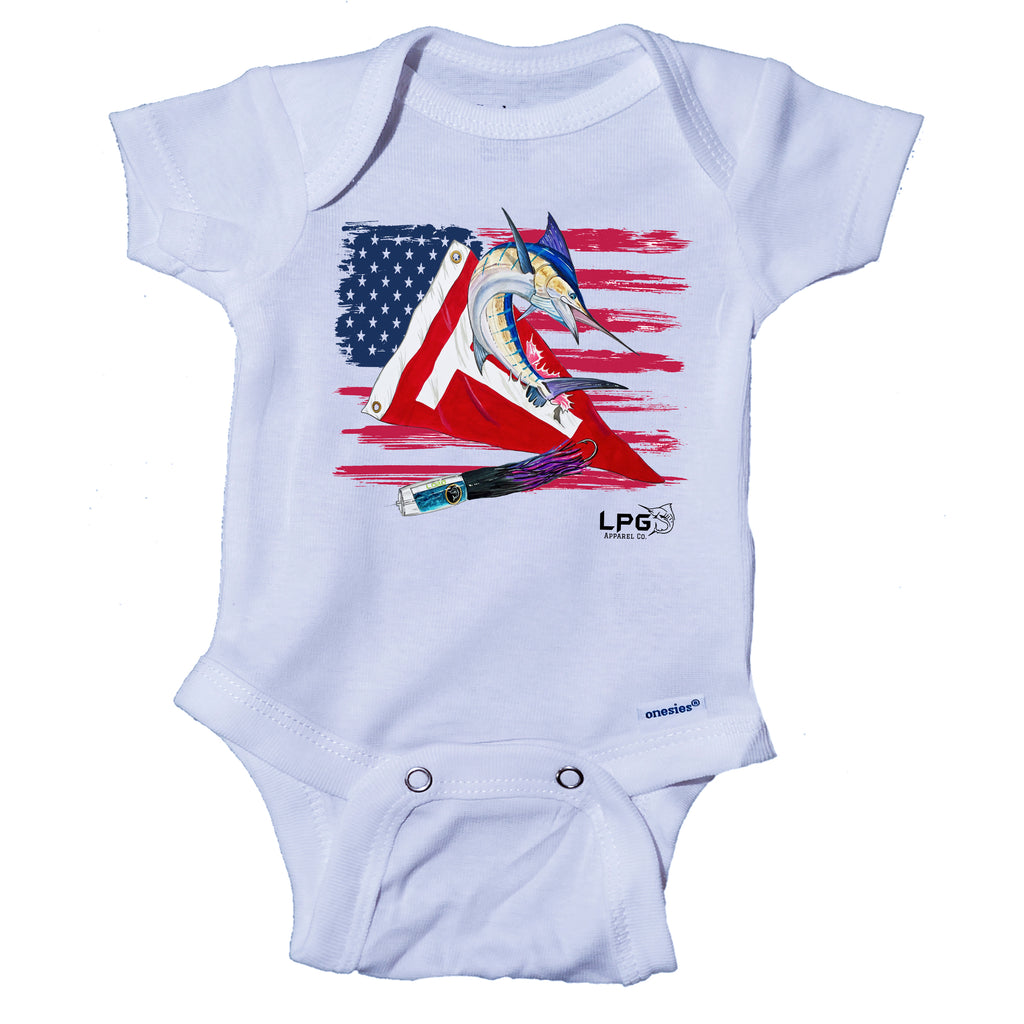 LPG Apparel Co. Tag & Release Patriotic USA Marlin Fishing Onesie® Big Game Fishing Onesie, Fishing Baby, Fishing Body Suit, Lobo Lures Onesie, Mark Ray Onesie, White Marlin Onesie, Blue Marlin Onesie, Tag and Release Fishing, Baby Fishing Apparel